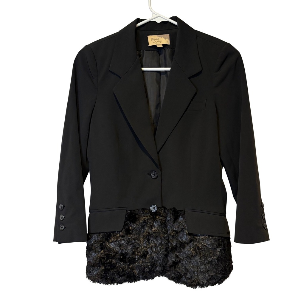 Elizabeth and James Black Faux Fur Trim Blazer Jacket Size 4 Y2K